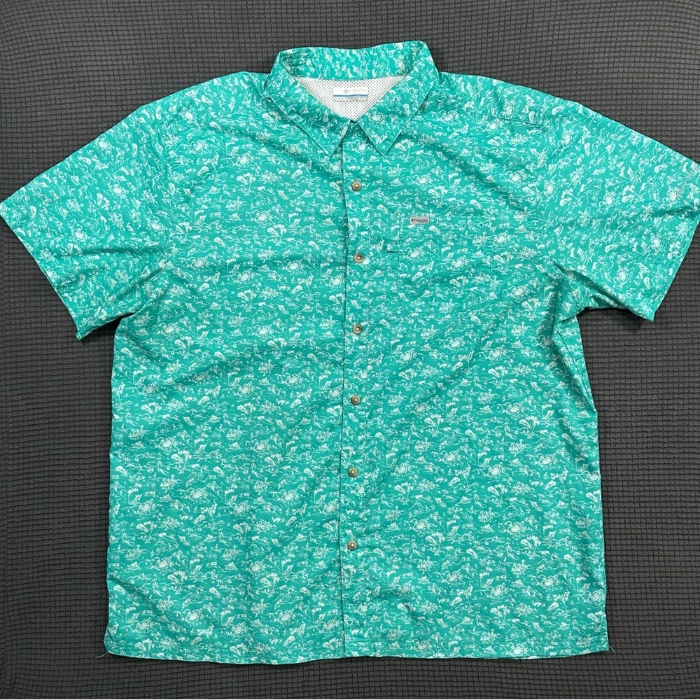 Columbia PFG Fishing ShirtXL Teal Green Fish Print Vented Short Sleeve Button Up - Picture 1 of 7